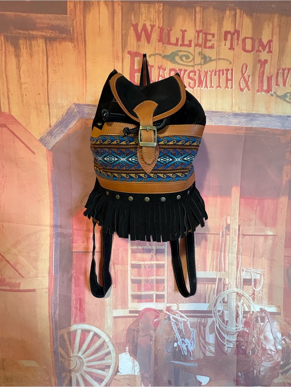 Black Suede Fringe Boho Western Mini Backpack
